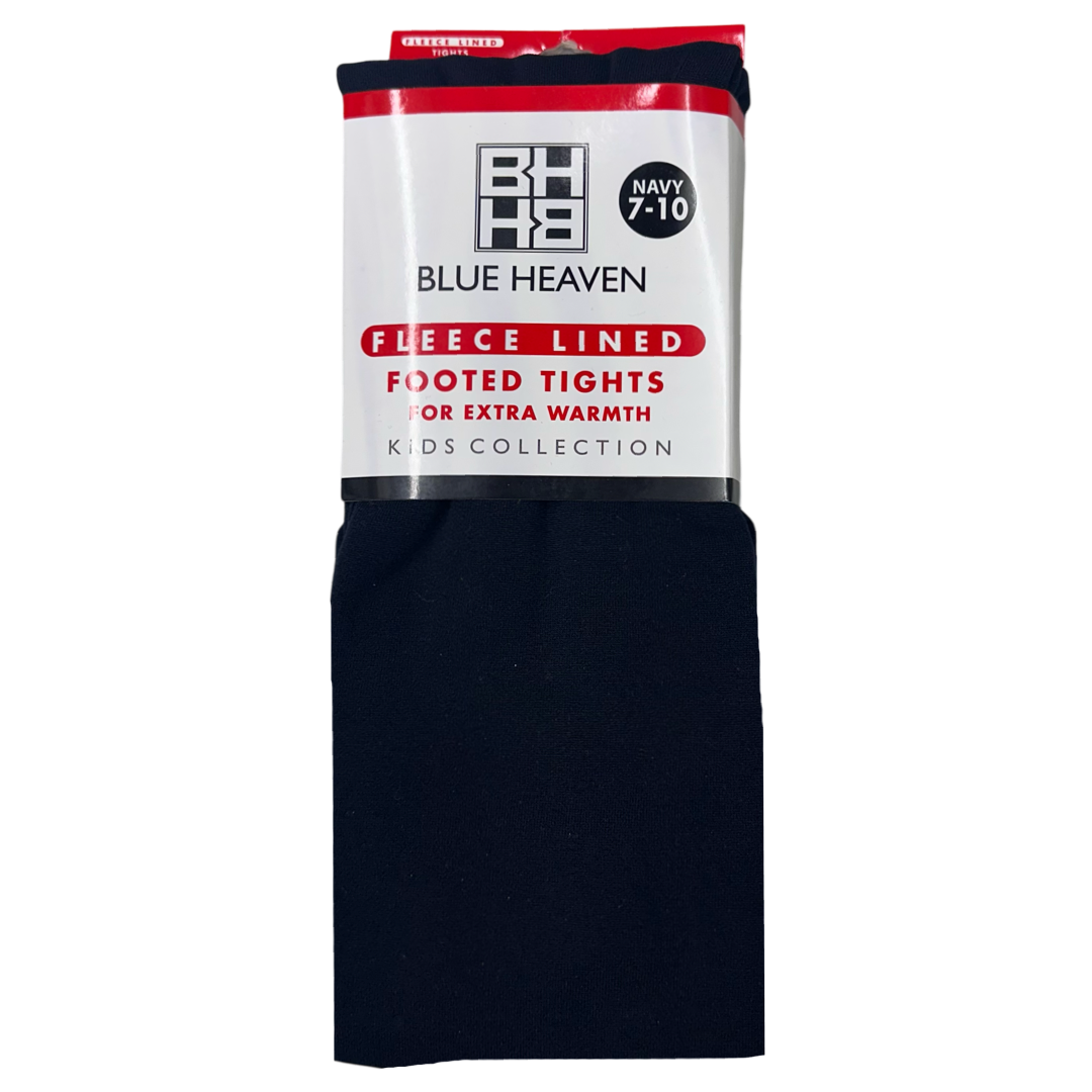 A pack of fleece lined footed tights for kids, navy in color, with the brand 'Blue Heaven' displayed on the packaging.