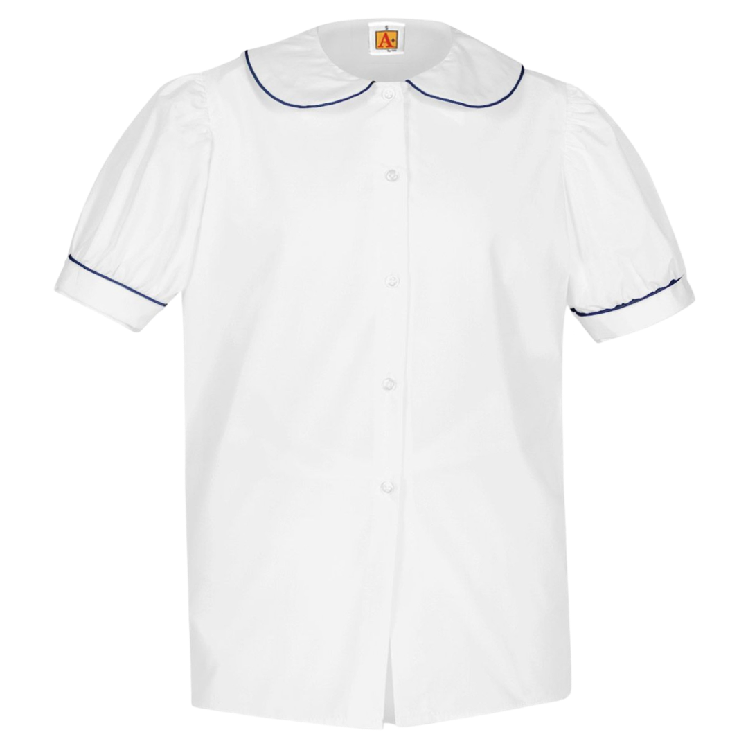 A+ Puffed Short Sleeve Broadcloth Blouse W/ Navy Piping