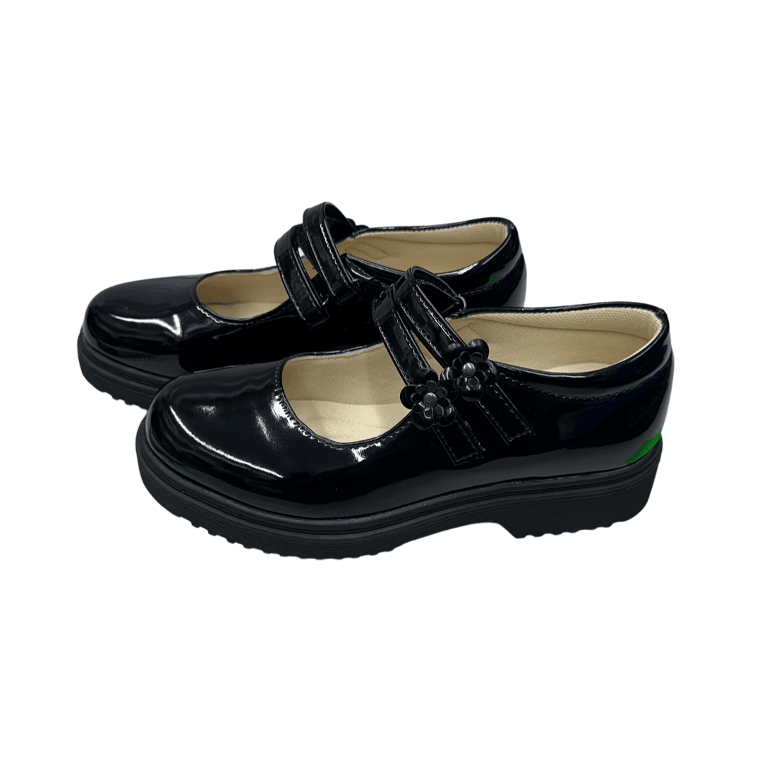 Girls Black Patent Flower Strap Shoe