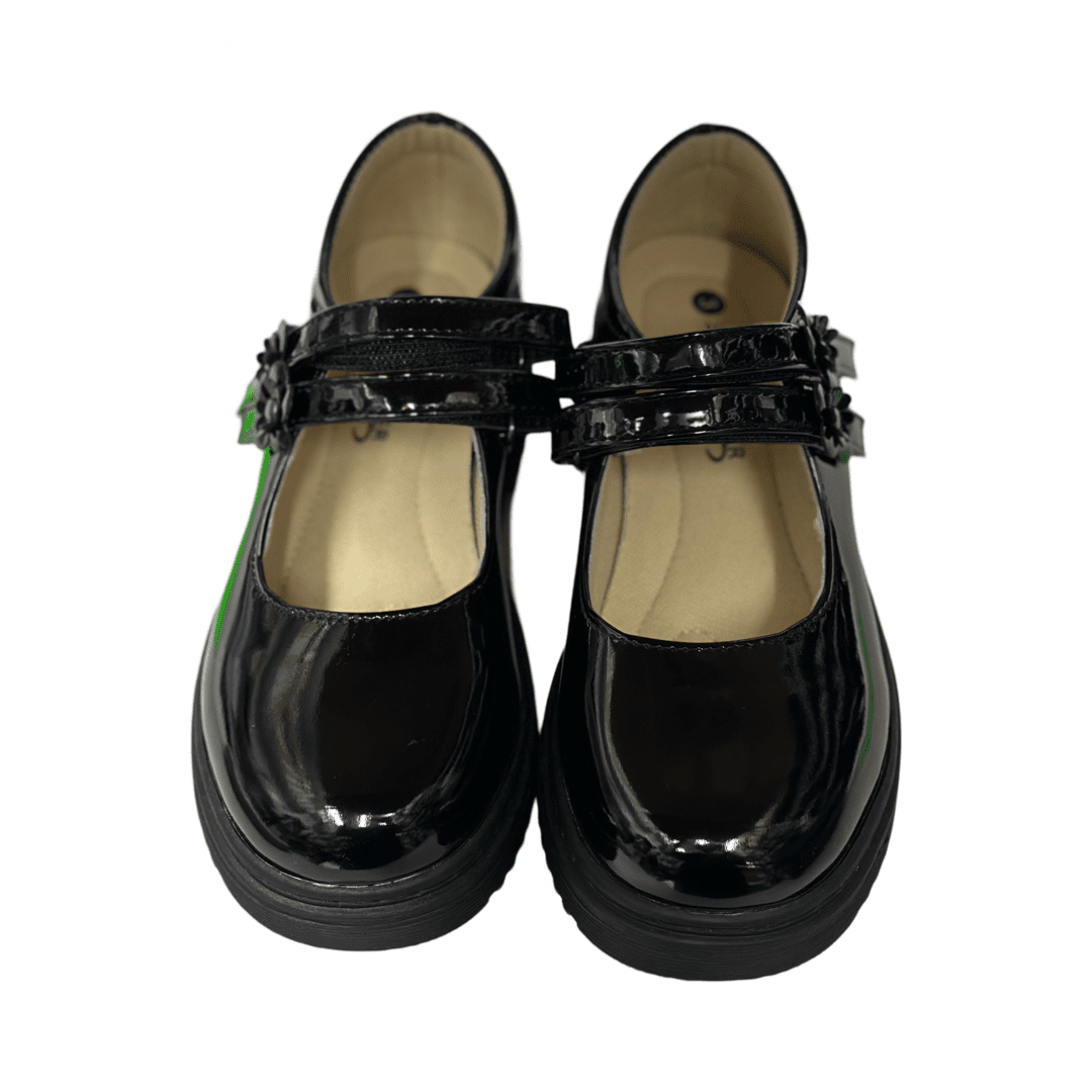 Girls Black Patent Flower Strap Shoe