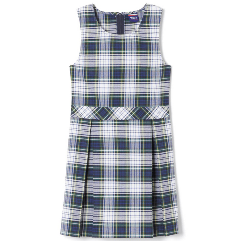 Mount Zion -  Girl's Plaid Box Pleat Jumper - Navy & White