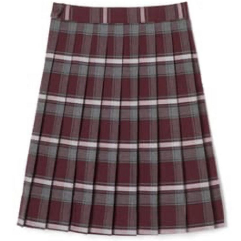 Burgundy Plaid - Girl's Below The Knee Kick Pleat Skirt
