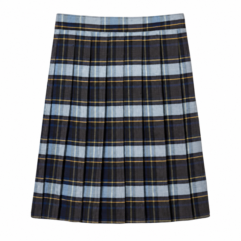 Trinity Classical School - Girl's / Women's Plaid Pleated Skirt Below the Knee - Blue / Gold