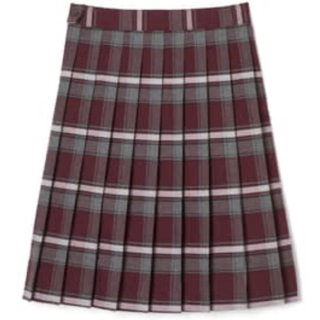 Burgundy Plaid - Girl&#39;s Below The Knee Kick Pleat Skirt