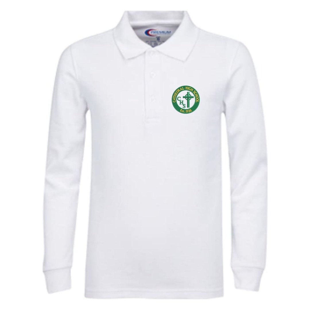 Cathedral HS - White long Sleeve Polo - Embroidered - Kids