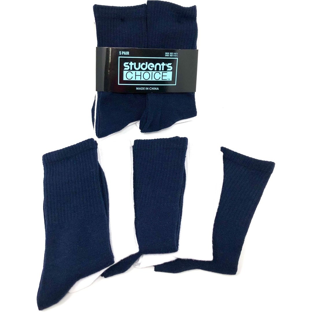 Students Choice - Boys 5-Pack Crew Socks in White/Navy - Boston School Uniform