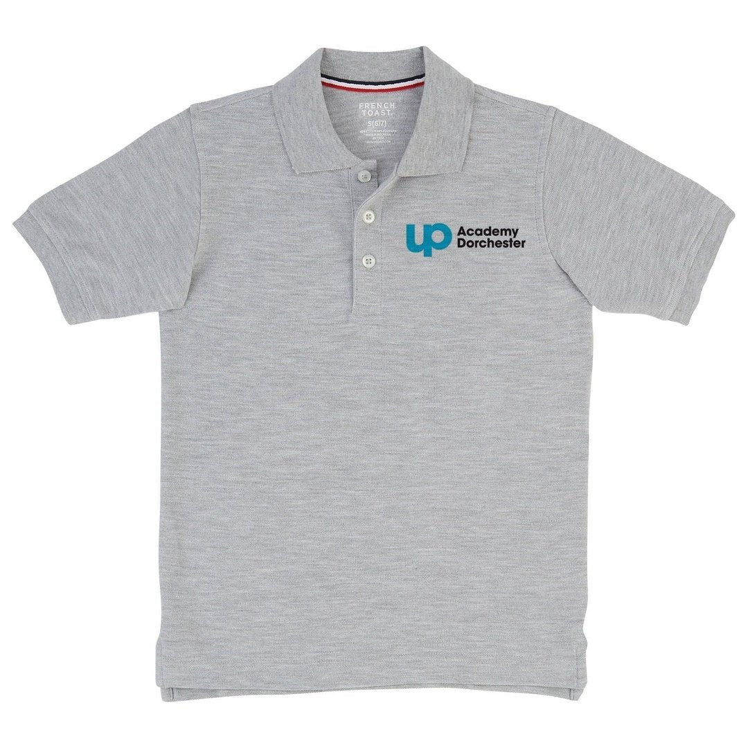UP Academy Dorchester Youth Grey Short Sleeve Polo - Extended Sizes - Screen Printed - Boston School Uniform